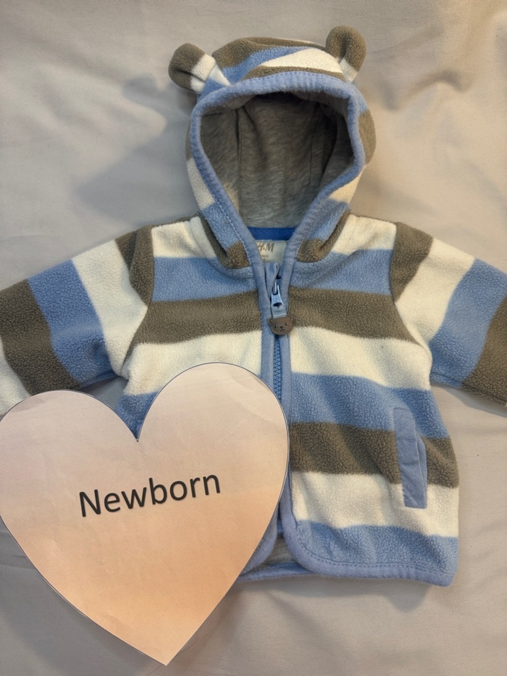 H&M Newborn Fleece Jacket in Blue, White & Gray with Bear Ears